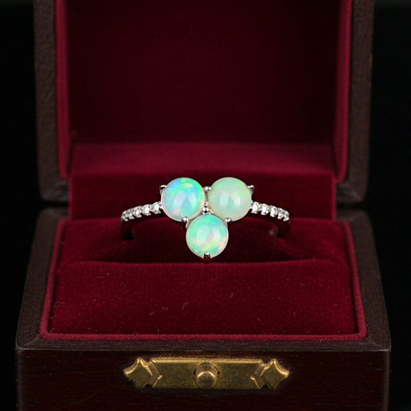 Vintage Opal Diamond Ring Clover Sterling Silver October Birthstone
