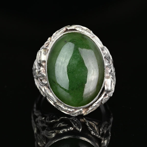 Large Arts and Crafts Silver Green Moss Agate Ring - Boylerpf