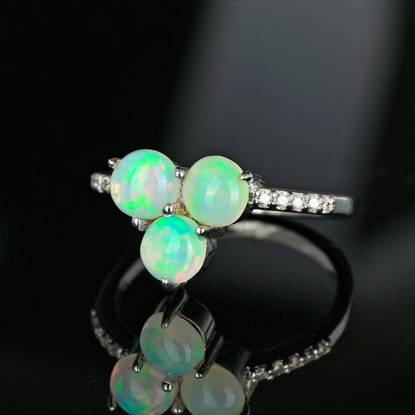 Vintage Opal Diamond Ring Clover Sterling Silver October Birthstone
