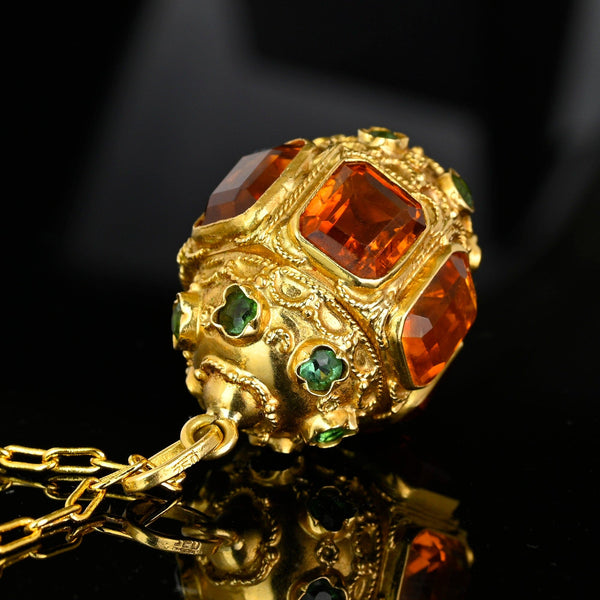 Victorian Revival Etruscan 18K Gold Citrine Green Tourmaline Pendant