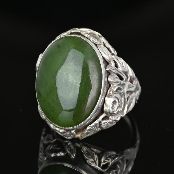 Large Arts and Crafts Silver Green Moss Agate Ring - Boylerpf