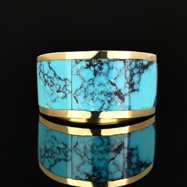Vintage 14K Gold Turquoise Inlay Band Ring, 11.1 Grams