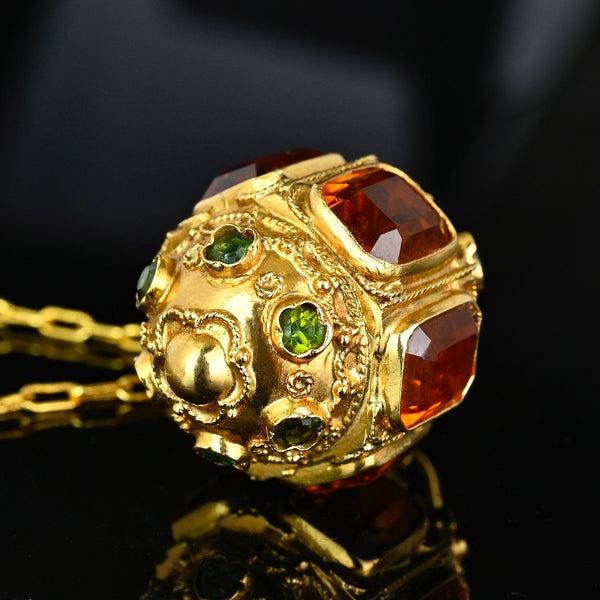Victorian Revival Etruscan 18K Gold Citrine Green Tourmaline Pendant
