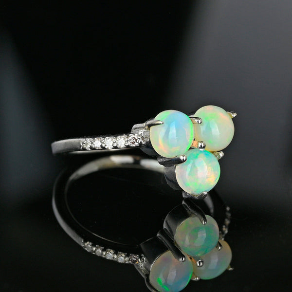 Vintage Opal Diamond Ring Clover Sterling Silver October Birthstone