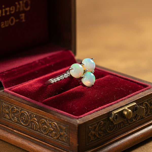 Vintage Opal Diamond Ring Clover Sterling Silver October Birthstone