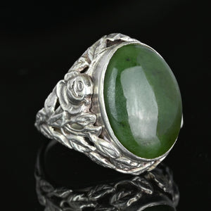 Large Arts and Crafts Silver Green Moss Agate Ring - Boylerpf