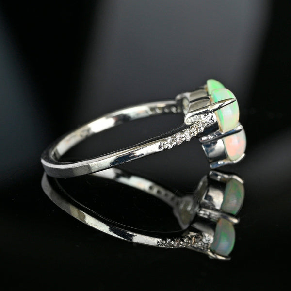Vintage Opal Diamond Ring Clover Sterling Silver October Birthstone
