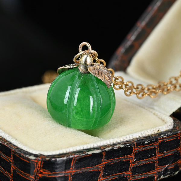 Solid Gold Leaf Carved Jade Pumpkin Charm Necklace - Boylerpf