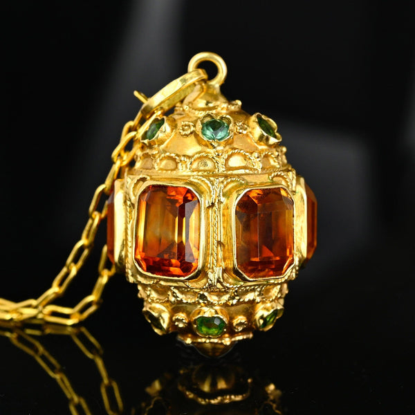 Victorian Revival Etruscan 18K Gold Citrine Green Tourmaline Pendant