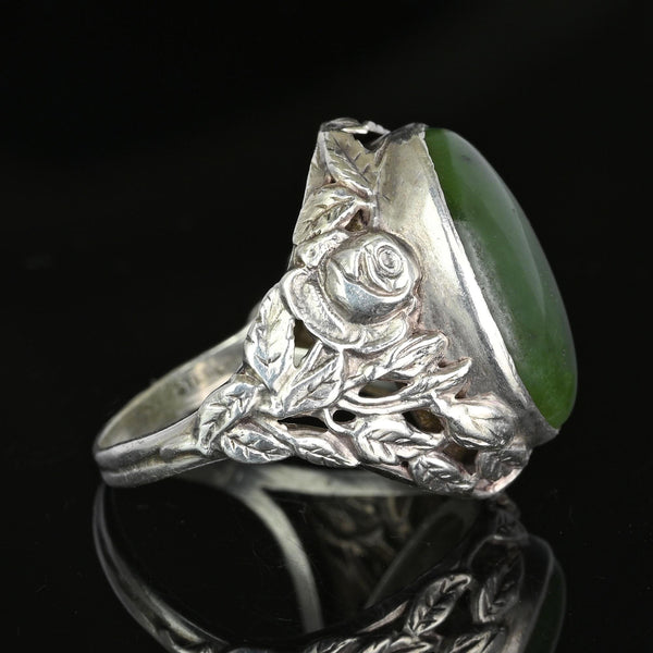 Large Arts and Crafts Silver Green Moss Agate Ring - Boylerpf