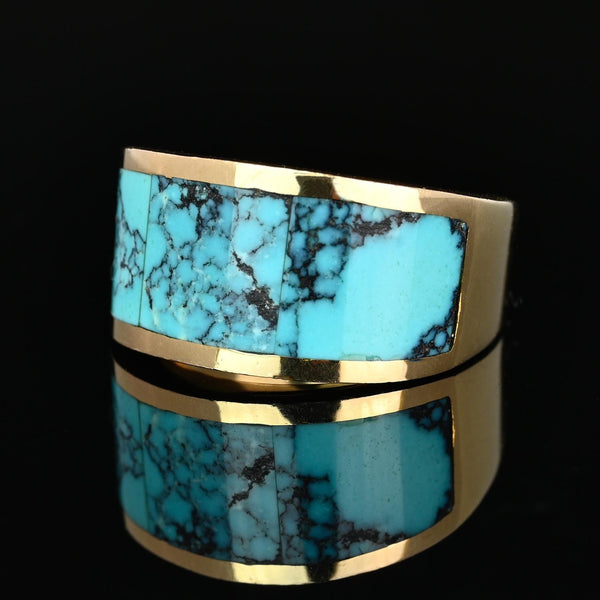 Vintage 14K Gold Turquoise Inlay Band Ring, 11.1 Grams