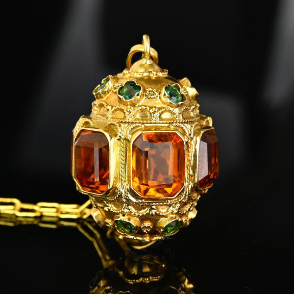 Victorian Revival Etruscan 18K Gold Citrine Green Tourmaline Pendant