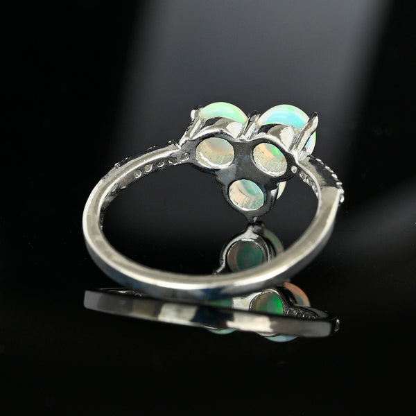 Vintage Opal Diamond Ring Clover Sterling Silver October Birthstone