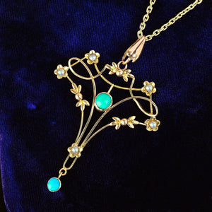 Antique Edwardian 9K Gold Pearl Turquoise Pendant - Boylerpf