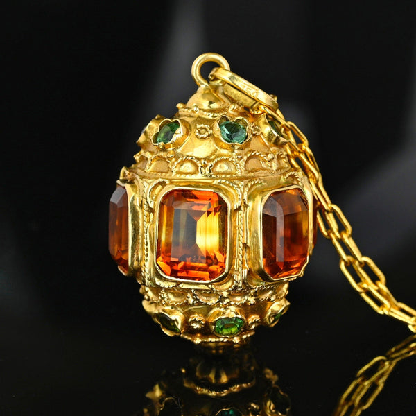 Victorian Revival Etruscan 18K Gold Citrine Green Tourmaline Pendant