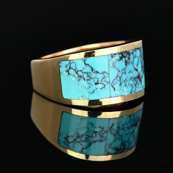 Vintage 14K Gold Turquoise Inlay Band Ring, 11.1 Grams