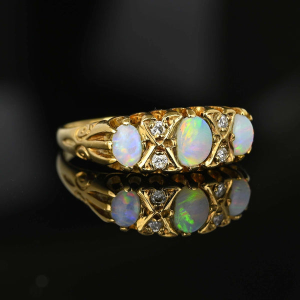 Vintage Gold Diamond and Opal Three Stone Ring Band - Boylerpf
