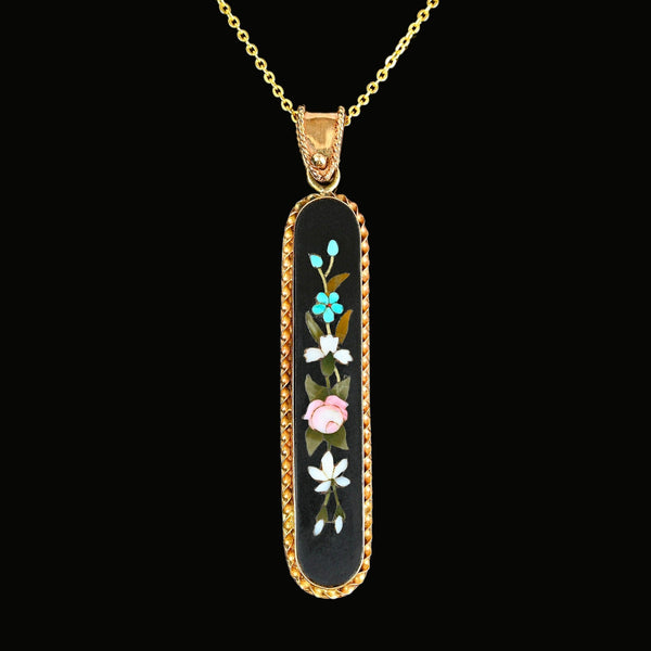 Vintage 14K Gold Pietra Dura Mosaic Pendant Necklace - Boylerpf