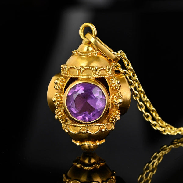Vintage 18K Gold Etruscan Revival Amethyst Pendant - Boylerpf