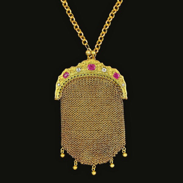 Antique 14K Gold Ruby and Diamond Coin Purse Pendant