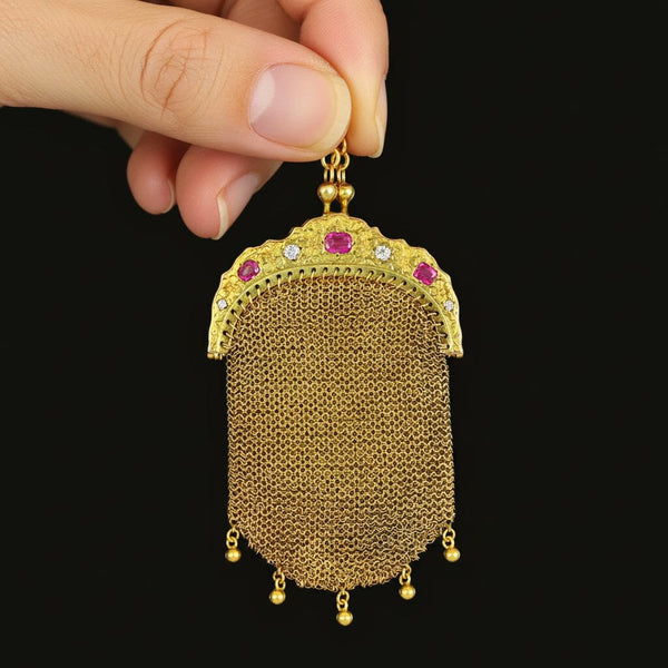 Antique 14K Gold Ruby and Diamond Coin Purse Pendant