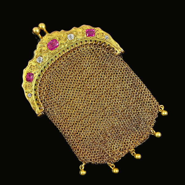 Antique 14K Gold Ruby and Diamond Coin Purse Pendant