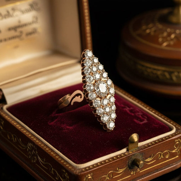 Victorian Russian 4CT Diamond Navette Ring, Antique Gold - Boylerpf