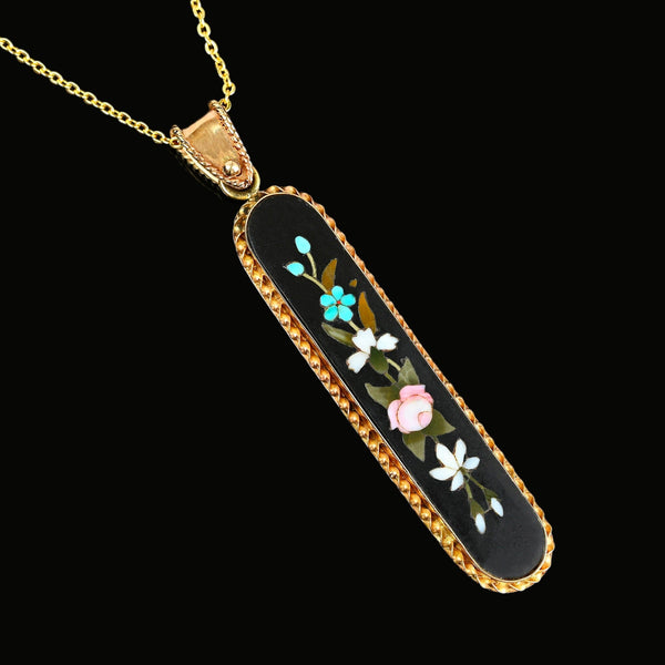 Vintage 14K Gold Pietra Dura Mosaic Pendant Necklace - Boylerpf