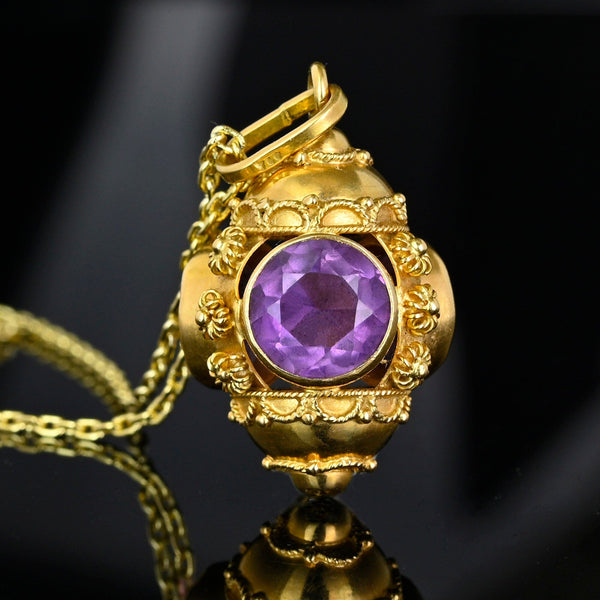 Vintage 18K Gold Etruscan Revival Amethyst Pendant - Boylerpf