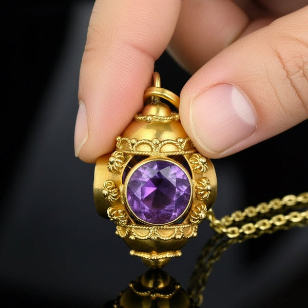 Vintage 18K Gold Etruscan Revival Amethyst Pendant - Boylerpf