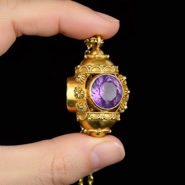 Vintage 18K Gold Etruscan Revival Amethyst Pendant - Boylerpf