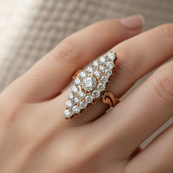 Victorian Russian 4CT Diamond Navette Ring, Antique Gold - Boylerpf