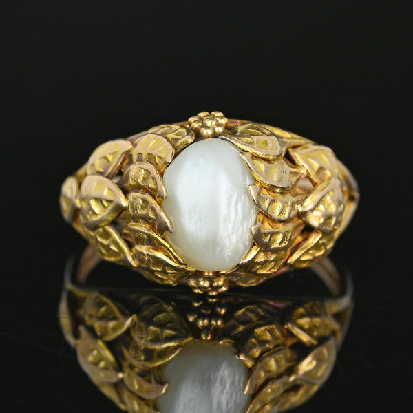 Arts & Crafts Baroque Pearl Ring 10K Gold Botanical