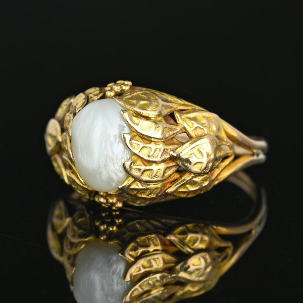 Arts & Crafts Baroque Pearl Ring 10K Gold Botanical