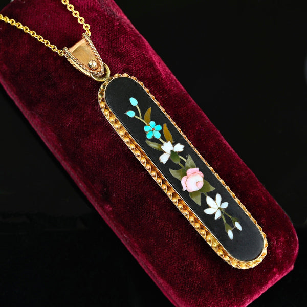 Vintage 14K Gold Pietra Dura Mosaic Pendant Necklace - Boylerpf