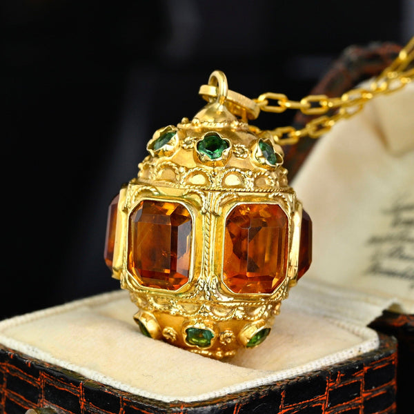 Victorian Revival Etruscan 18K Gold Citrine Green Tourmaline Pendant