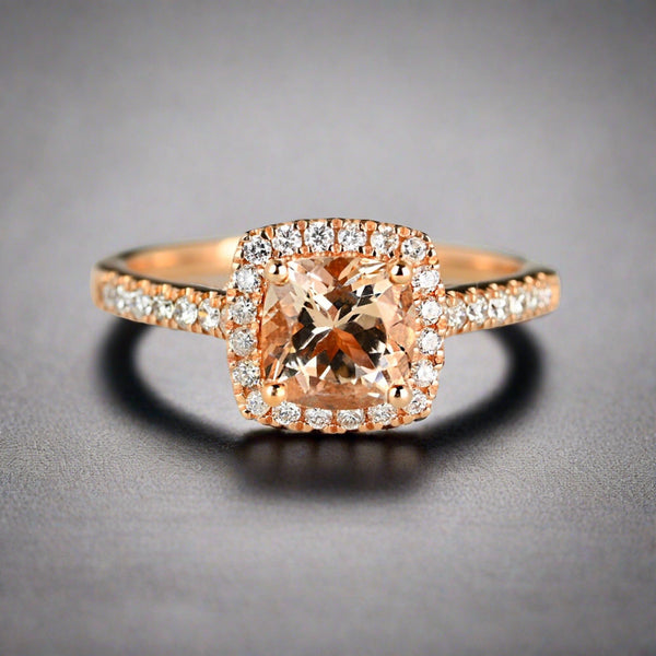 Vintage Rose Gold Diamond Halo Morganite Engagement Ring - Boylerpf