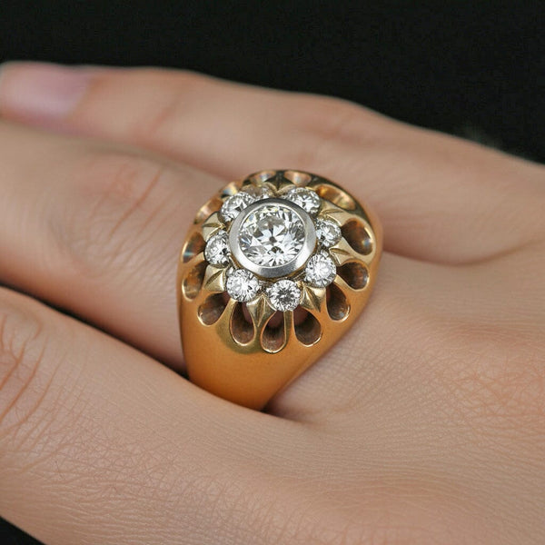 Antique Diamond Cluster Ring 14K Gold Platinum .82 CT
