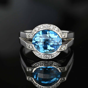 Diamond Floating Checkerboard Blue Topaz Ring in 14K White Gold - Boylerpf