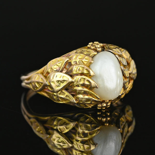 Arts & Crafts Baroque Pearl Ring 10K Gold Botanical