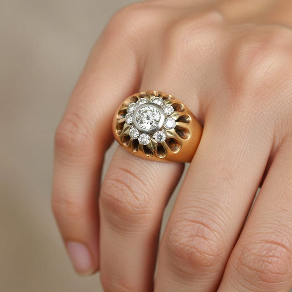 Antique Diamond Cluster Ring 14K Gold Platinum .82 CT