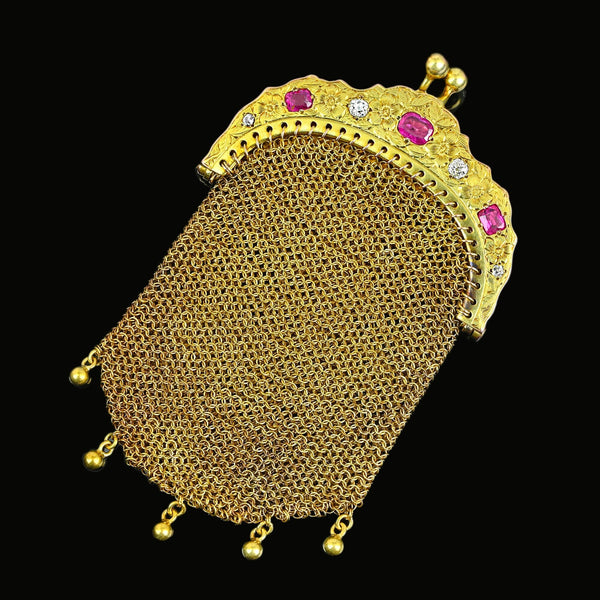 Antique 14K Gold Ruby and Diamond Coin Purse Pendant