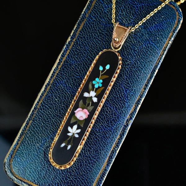 Vintage 14K Gold Pietra Dura Mosaic Pendant Necklace - Boylerpf