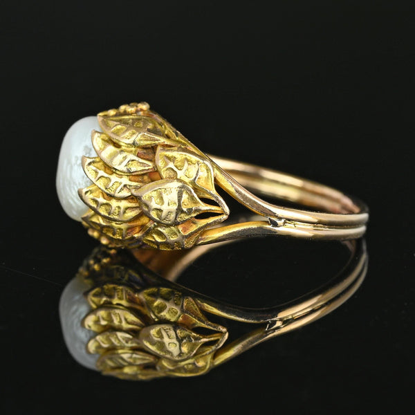 Arts & Crafts Baroque Pearl Ring 10K Gold Botanical