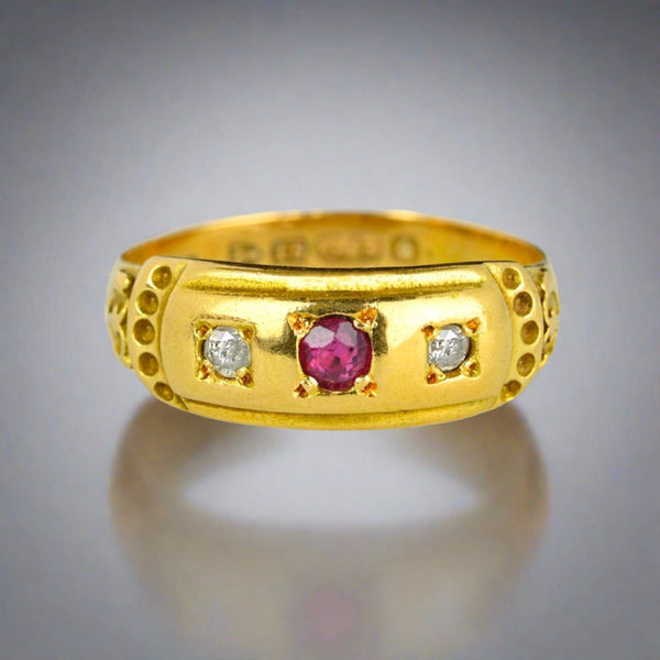 Antique Chester Assayed 15K Gold Diamond Ruby Ring Band - Boylerpf