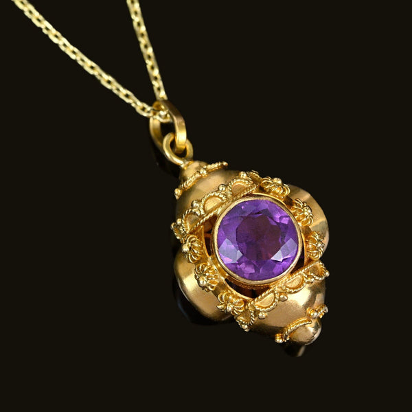 Vintage 18K Gold Etruscan Revival Amethyst Pendant - Boylerpf