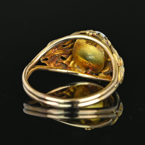 Arts & Crafts Baroque Pearl Ring 10K Gold Botanical
