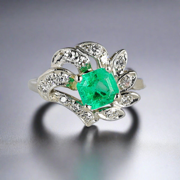 Art Deco 14K White Gold Diamond Emerald Ring - Boylerpf