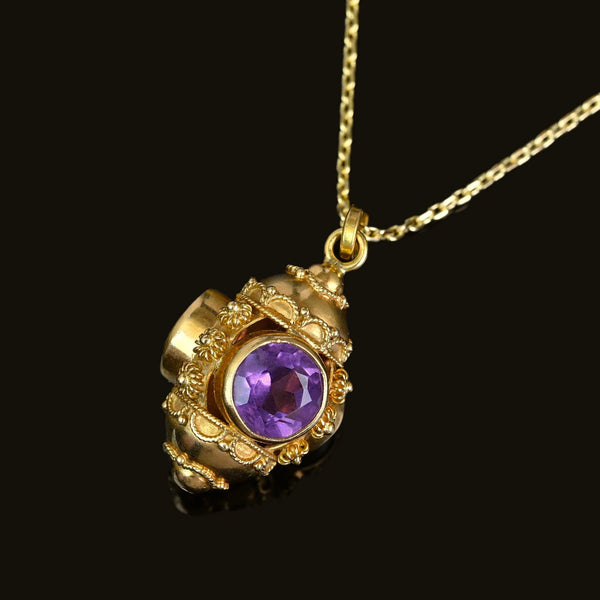 Vintage 18K Gold Etruscan Revival Amethyst Pendant - Boylerpf