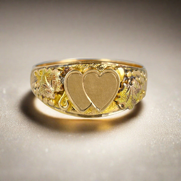 Vintage Rose and Yellow Gold Double Heart Ring Band - Boylerpf